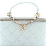 Lambskin Quilted Small Top Handle Vanity Case With Chain Light Blue