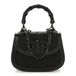 Moire Fabric Calfskin Rhinestone Monogram Monochrome Mini Bamboo 1947 Top Handle Chain Bag Black