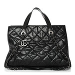 Crumpled Grained Calfskin Quilted CC Crave Tote Black
