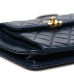 Lambskin Quilted Square Front Pocket Clutch With Chain Navy Blue