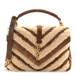 Nubuck Shearling Chevron Monogram Medium College Bag Dark Cigar Natural Beige