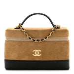 Suede Calfskin Shiny Lambskin Quilted Top Handle Slim Vanity Case With Chain Beige Black