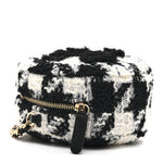 Wool Tweed Lambskin Quilted Round Clutch With Chain and Coin Purse Black White