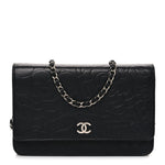 Lambskin Camellia Embossed Wallet on Chain WOC Black