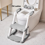 Children's toilet seat with step stool and cat face design in a bathroom setting.