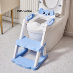 Children's potty training seat with step stool attached to a toilet, featuring a PVC cushion.