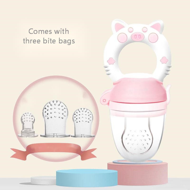 Pink baby bottle with cat ears and three bite bags on a beige background
