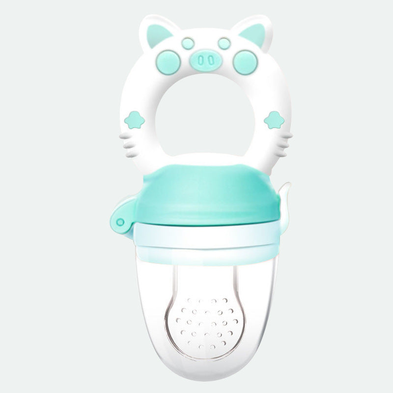 Teal and white baby teether with cat ears on a light gray background