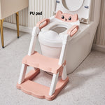 Pink and white children's toilet training seat with step stool attached to a toilet.