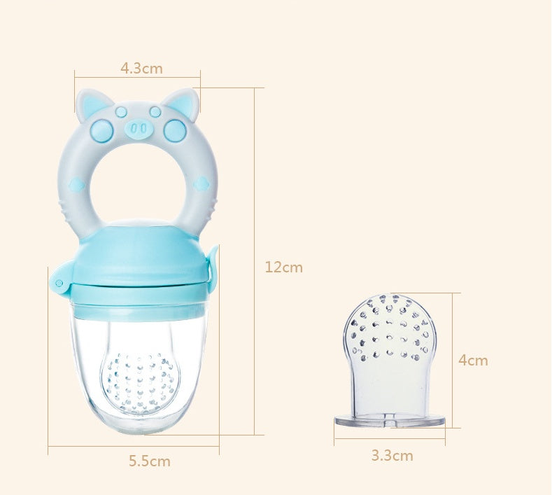 Blue baby fruit feeder with measurements on a white background