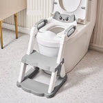 Children's toilet seat with step stool attached to a toilet in a bathroom setting.